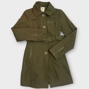 Tulle Anthropologie Olive Green Wool Blend Belted Military Style Coat Jacket Med